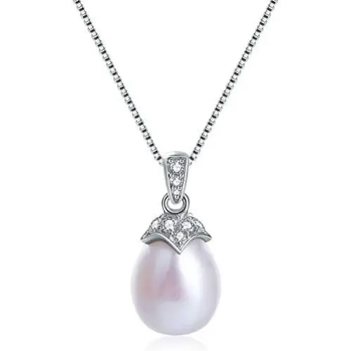MOLAH 9.5-10mm Drop Cultured Freshwater Pearl and Simulated Diamond CZ Necklace 925 Silver Rhodium Plated MOLAH 9.5-10mm Drop Cultured Freshwater Pearl and Simulated Diamond CZ Necklace 925 Silver Rhodium Plated