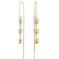 Delicate Three Colorful Pastel Crystal Pink Green Multi Color Dangle Long Chain Butterfly Threader Earrings For Women Teens Stabilizing U Wire 18K Gold Plated