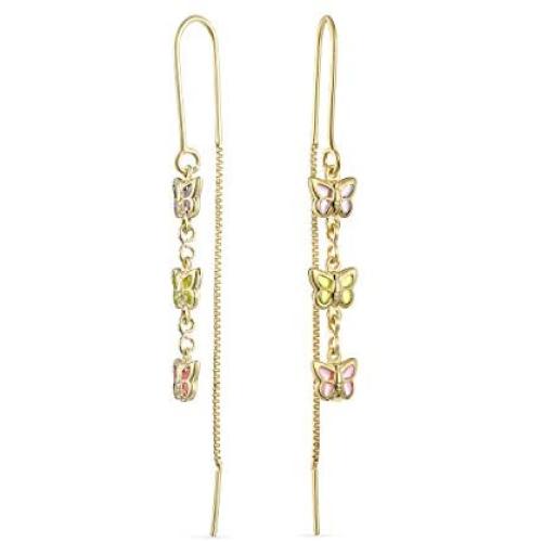 Delicate Three Colorful Pastel Crystal Pink Green Multi Color Dangle Long Chain Butterfly Threader Earrings For Women Teens Stabilizing U Wire 18K Gold Plated
