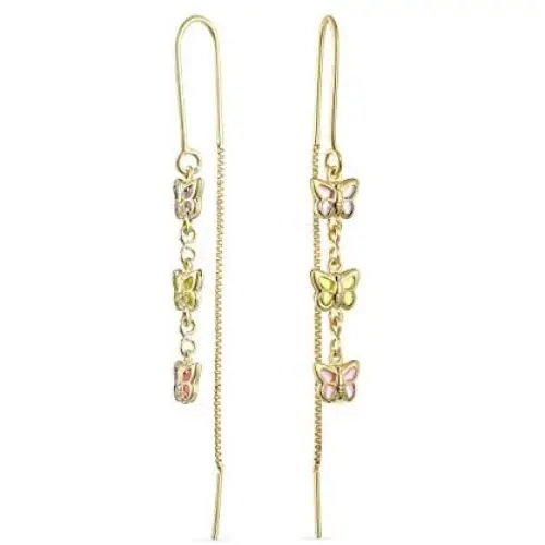 Delicate Three Colorful Pastel Crystal Pink Green Multi Color Dangle Long Chain Butterfly Threader Earrings For Women Teens Stabilizing U Wire 18K Gold Plated