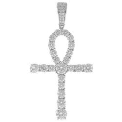 Mens 4mm Real Solid 925 Sterling Silver Tennis Chain Iced Out Tennis Necklace & Bling Cubic Zirconia Egyptian ANKH Cross Pendant