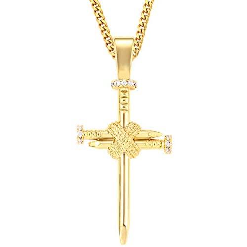 E-EmerMarking Hip Hop Iced Out Bling Cross Pendant Necklace for Men Stainless Steel Chains, 18K Gold & Silver Plated Simulated Diamond Pendants Chain Religious Christian Fashion Accessories Jewelry