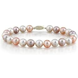 THE PEARL SOURCE 14K Gold 7-8mm AAAA Quality Round Multicolor Freshwater Cultured Pearl Bracelet for Women