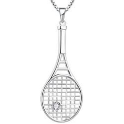 YL Tennis Racket Necklace 925 Sterling Silver Racquet Pendant Cubic Zirconia Jewelry with 18'' Box Chain, CZ Ball/Love Sports