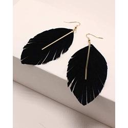 Miracle Collection Lightweight Genuine Soft Leather Fringe Leaf with Simple Drop Metal Bar Dangle Earring for Women and Girls