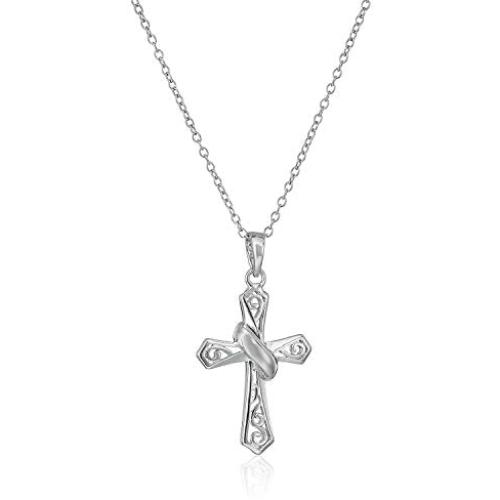 925 Sterling Silver Filigree Openwork''Mom'', Diamond, Cross or Four Leaf Clover Heart Pendant Necklace, 18''