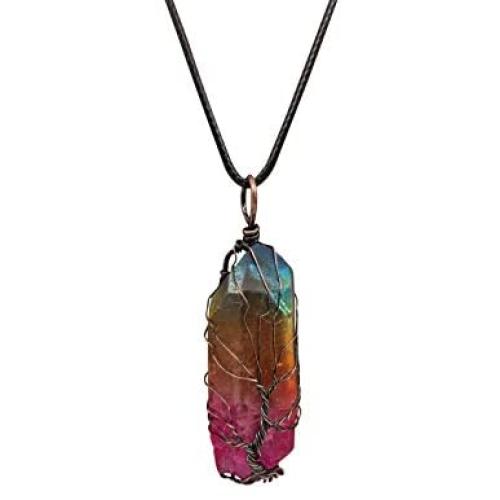 Lovastar 7 Chakra Gemstone Tree of Life Copper Wire Wrap Healing Pendant Natural Quartz Crystal Necklace for Women and Girls