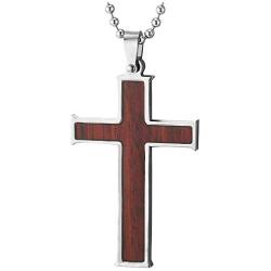 COOLSTEELANDBEYOND Mens Womens Stainless Steel Wood Cross Pendant Necklace 30 inches Ball Chain, Inlay Design