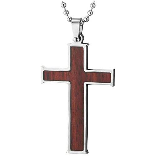 COOLSTEELANDBEYOND Mens Womens Stainless Steel Wood Cross Pendant Necklace 30 inches Ball Chain, Inlay Design