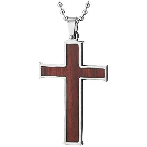COOLSTEELANDBEYOND Mens Womens Stainless Steel Wood Cross Pendant Necklace 30 inches Ball Chain, Inlay Design COOLSTEELANDBEYOND Mens Womens Stainless Steel Wood Cross Pendant Necklace 30 inches Ball Chain, Inlay Design