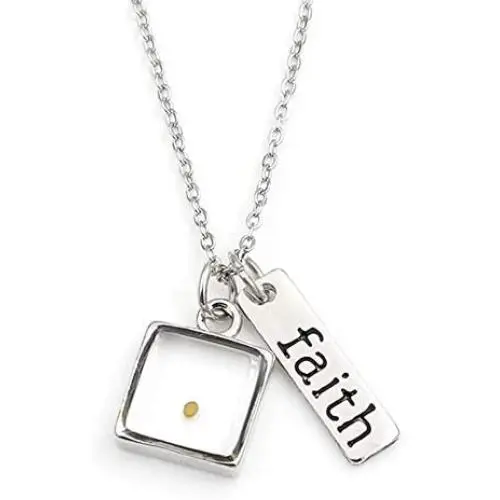 KRTV Kreations Stainless Steel Necklace for Women - Faith Tag & Encased Mustard Seed Charm - Pendant Necklace with Extender -Motivational and Religious Jewelry Gift