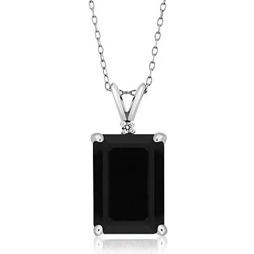 Gem Stone King 925 Sterling Silver Emerald Cut Black Onyx and White Diamond Pendant Necklace For Women (7.38 Cttw, With 18 Inch Silver Chain) Gem Stone King 925 Sterling Silver Emerald Cut Black Onyx and White Diamond Pendant Necklace For Women (7.38 Cttw, With 18 Inch Silver Chain)