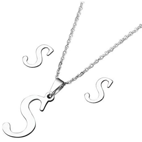 Chili Jewelry Women Girls A to Z Initial Necklace and Earrings Set Stainless Steel 26 Letters Capital Script Name Pendant Necklaces Jewelry Sets