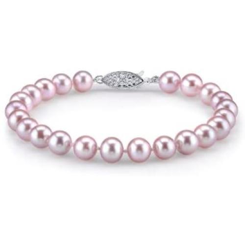 THE PEARL SOURCE Sterling Silver 7-8mm AAA Quality Round Pink Freshwater Cultured Pearl Bracelet for Women