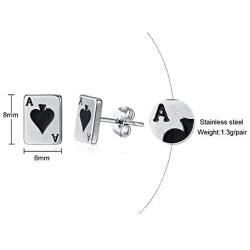 Unisex Stainless Steel Poker Aces Stud Earrings,Playing Cards Game Gambling Jewelry
