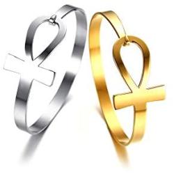 PJ Jewelry Stainless Steel Egyptian Ankh Cross Key of Life Open Cuff Bangle Bracelet for Women