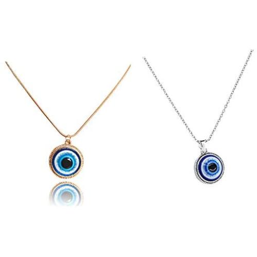 2 Pcs Turkish Crystal Evil Eyes Pendant Necklaces Set Golden Silver Clavicle Snake Bone Chains Necklaces for Womens Girls Birthday Friendship Exquisite Jewelry Gift