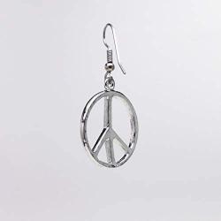 Hippie Peace Sign Dangle Earrings Polished Silver Finish Pewter