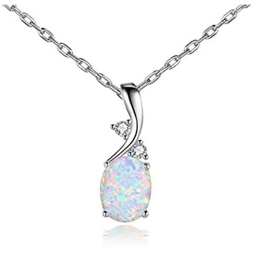 Vintage Opal Pendant Necklace, AILUOR Silver Plated Created Gemstone Oval White Opal Fashion Jewelry for Women Mother Girls - Endless Love