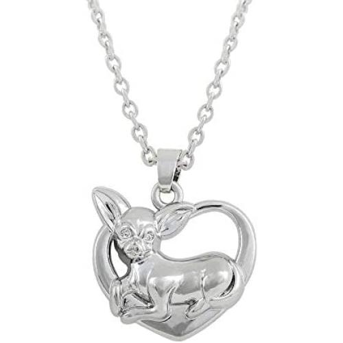 Trendy Silver Plated I Love Chihuahua Necklace Heart Shape Pendant 18'' Chain