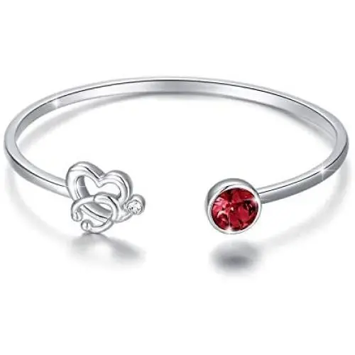 Stethoscope Cuff Bracelet 925 Sterling Silver Charm Heart Bangles Bracelet Simulated Birthstone with Crystals, Fine Jewelry Gifts for Nurse Doctor RN Medical Student