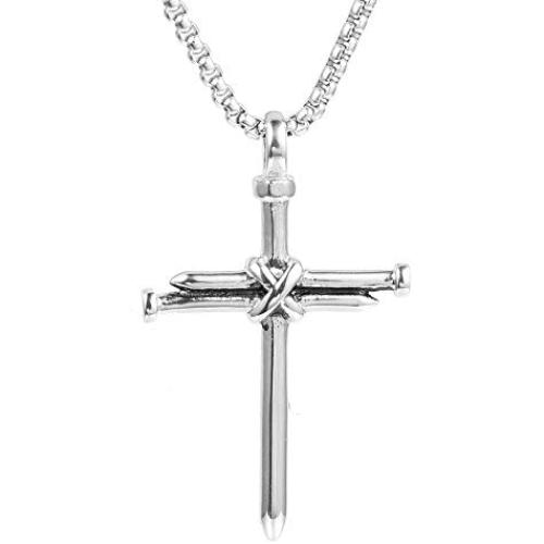 AILUOR Vintage Nail Cross Charm Pendant Necklace, Mens Stainless Steel Christian Chain Jewelry Polished