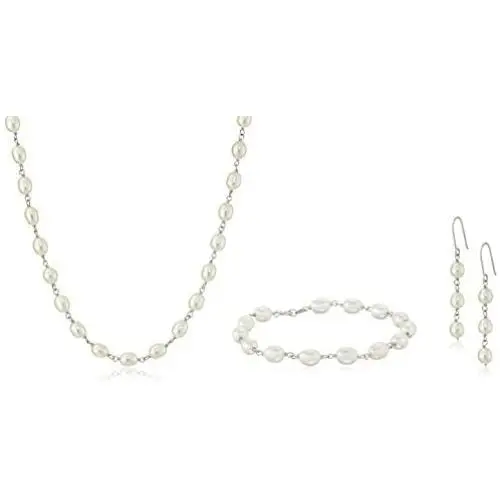 Sterling Silver and White Freshwater Cultured Pearl Bracelet, Necklace, and Earrings Jewelry Set