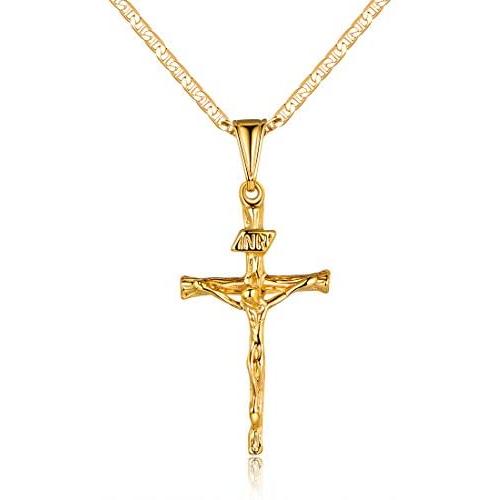 Cross Necklace for Women, Men, Boys, and Girls | Barzel 18K Gold Plated Flat Mariner/Marina 060 3MM Chain Necklace With Cross Pendant.