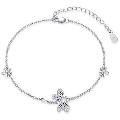 LONAGO 925 Sterling Silver Dragonfly Bracelet with Simulated Opal Open Adjustable Link Chain Jewelry Gift for Women