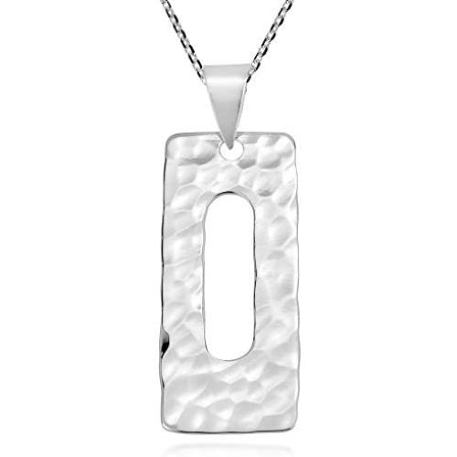 AeraVida Trendy Rectangle Hammered Tribal .925 Sterling Silver Pendant Necklace