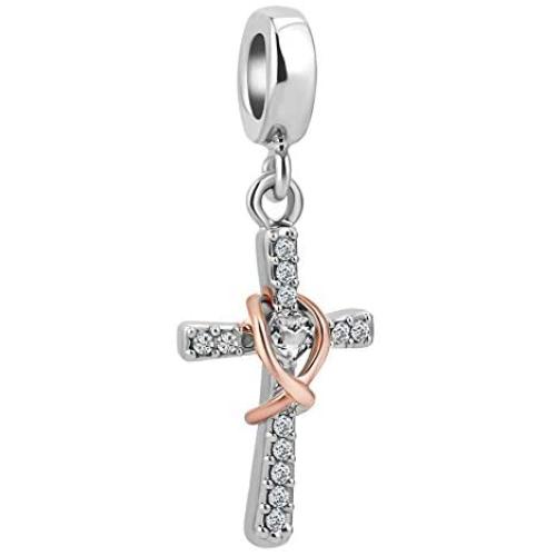 LovelyCharms Cross Charm with God All Things are Possible Religious Dangle Bead Fits European Bracelets