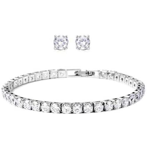 Shop LC Delivering Joy Women Diamond April Birthstone Tennis Bracelet with Stud Solitaire Earrings White Cubic Zirconia CZ Fashion Jewelry Birthday Gifts Set 7'' Cttw 11.5