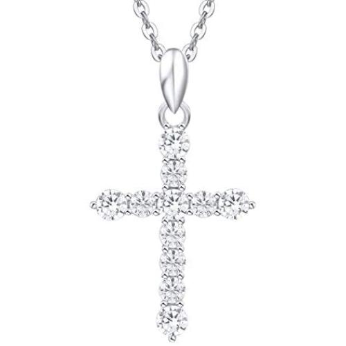 Carleen Yellow Gold Plated Sterling Silver Cubic Zirconia CZ Simulated Diamond Cross Crucifix Pendant Necklace Jewelry for Women Girls, 18'' Silver Chain Nice Gifts Jewelry Box
