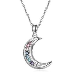 AOBOCO Sterling Silver Crescent Moon Necklace for Women, Gorgeous Multicolor Moon Pendant Embellished with Crystals from Austria, Anniversary Birthday Moon Jewelry Gifts for Lovely Ladies