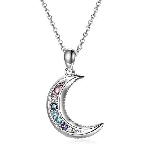 AOBOCO Sterling Silver Crescent Moon Necklace for Women, Gorgeous Multicolor Moon Pendant Embellished with Crystals from Austria, Anniversary Birthday Moon Jewelry Gifts for Lovely Ladies