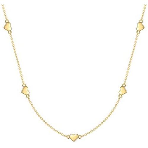 Yafeeso Solid 14K Gold Heart Necklace for Women Heart Station Pendant Necklace Love Heart Jewelry Anniversary Birthday Gifts for Her, 16+2 Inch