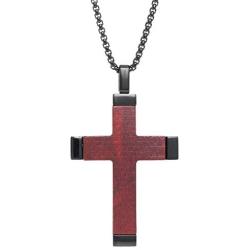 Stainless Steel Cross Pendant Necklace with Wood and Black Ion Plating 24 Inch Box Chain Lobster Claw by Lavari Jewelers