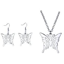 Punk Butterfly Pendant Necklace Hook Earrings Set Stainless Steel Chain Heart Necklace Dangle Earrings for Women Girls Alternative Jewelry Cool and Cute Streetwear Accessory Jewelry Set Gift