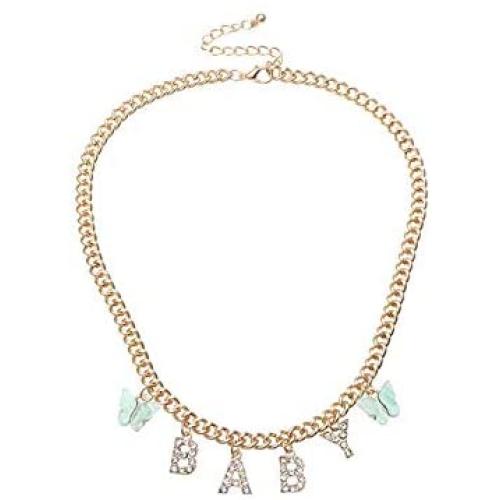 Cute Acrylic Butterfly Choker Necklace Baby Honey Angel Crystal Letters Collar Necklace Boho Butterfly Rinestone Letter Charms Pendant Necklace Clavicle Link Chain for Women Girls Jewelry