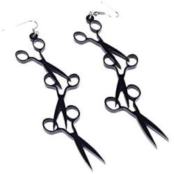 YINLIN Acrylic Black Scissors Comb Dangle Long Earrings Hairdresser Hair Gift