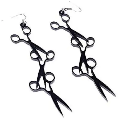 YINLIN Acrylic Black Scissors Comb Dangle Long Earrings Hairdresser Hair Gift
