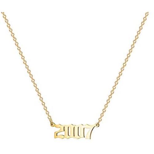Sewyer Birthday Year Number Necklace 18K Gold Plated Stainless Steel Old English Birth Year Number Pendant Necklace for Women Daughter Teen Girl Sister Personalized Birthday Anniversary Jewelry