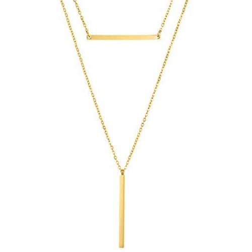 LAMOON Gold Layered Necklaces for Women 14K Gold Pendant Y Pendant Necklace Bar Coin Disc Moon Circle Pearl Choker Necklaces Dainty Minimalist Fashion Simple Stainless-Steel Layering Necklaces