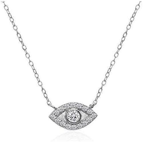 Sterling Silver Evil Eye Round Bezel-Set Cubic Zirconia Dainty Choker Necklace