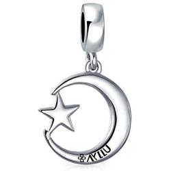 Inspirational Celestial Moon And Star Muslim Support Symbol Dangle Bead Charm For Women Teens 925 Sterling Silver Fits European Bracelet