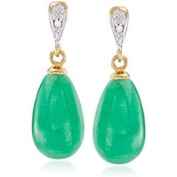 Ross-Simons Jade Teardrop Earrings With Diamond Accents in 14kt Yellow Gold