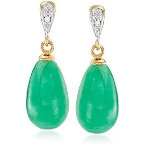 Ross-Simons Jade Teardrop Earrings With Diamond Accents in 14kt Yellow Gold