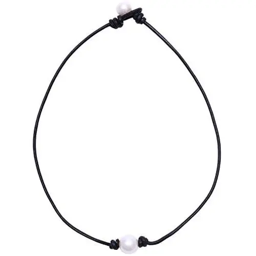 Aobei Single Cultured Freshwater Pearl Choker Necklace for Women Genuine Leather Jewelry Handmade