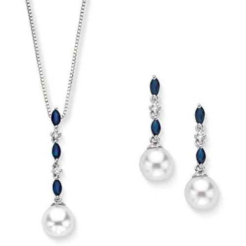 KATARINA Diamond Jewelry Set with Fresh Water Pearl and Sapphire in 14K White Gold (0.08 cttw)