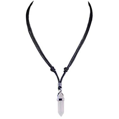 BlueRica Crystal Quartz Pendant on Adjustable Black Rope Cord Necklace